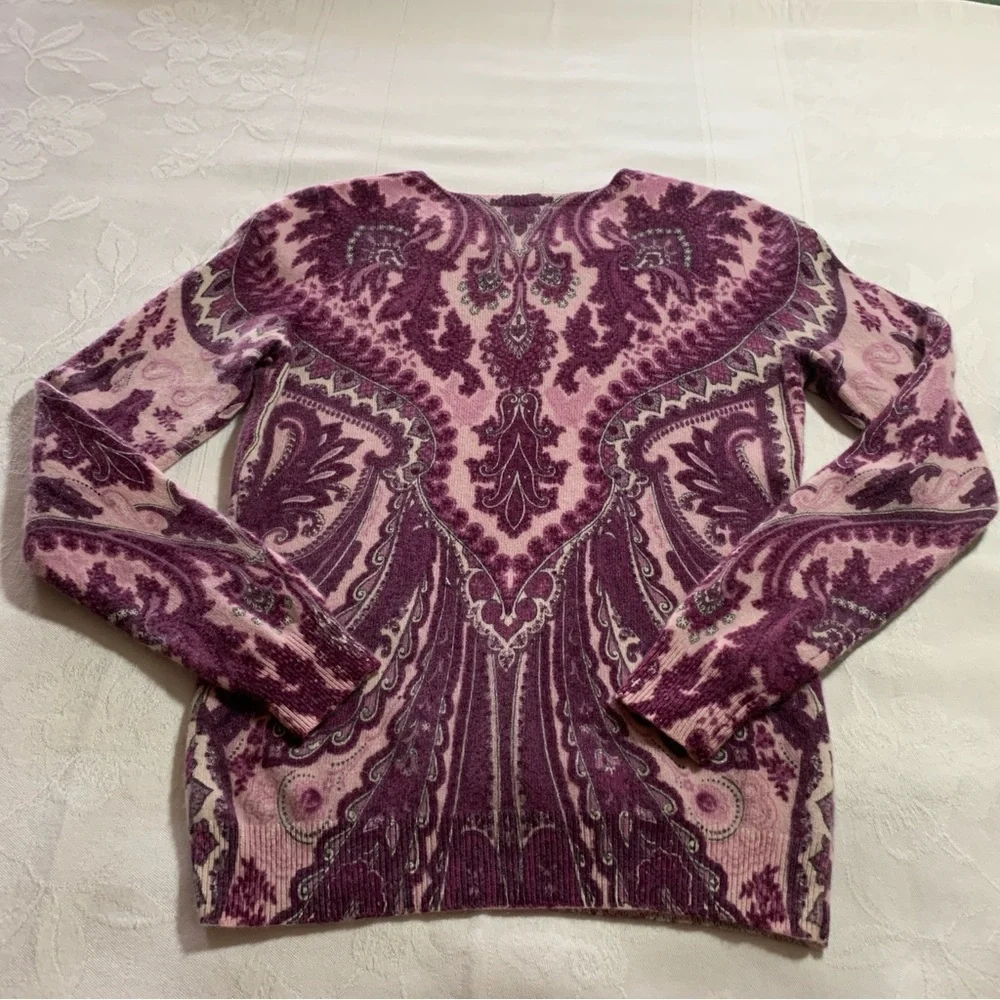 Classic Paisley Cashmere Round Neck Long Sleeve Pullover Sweater Rose Wine XS-S - Picture 7 of 14